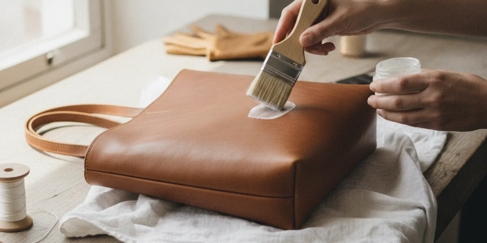 Designer leather handbag being cleaned and conditioned by Leather Cleaners