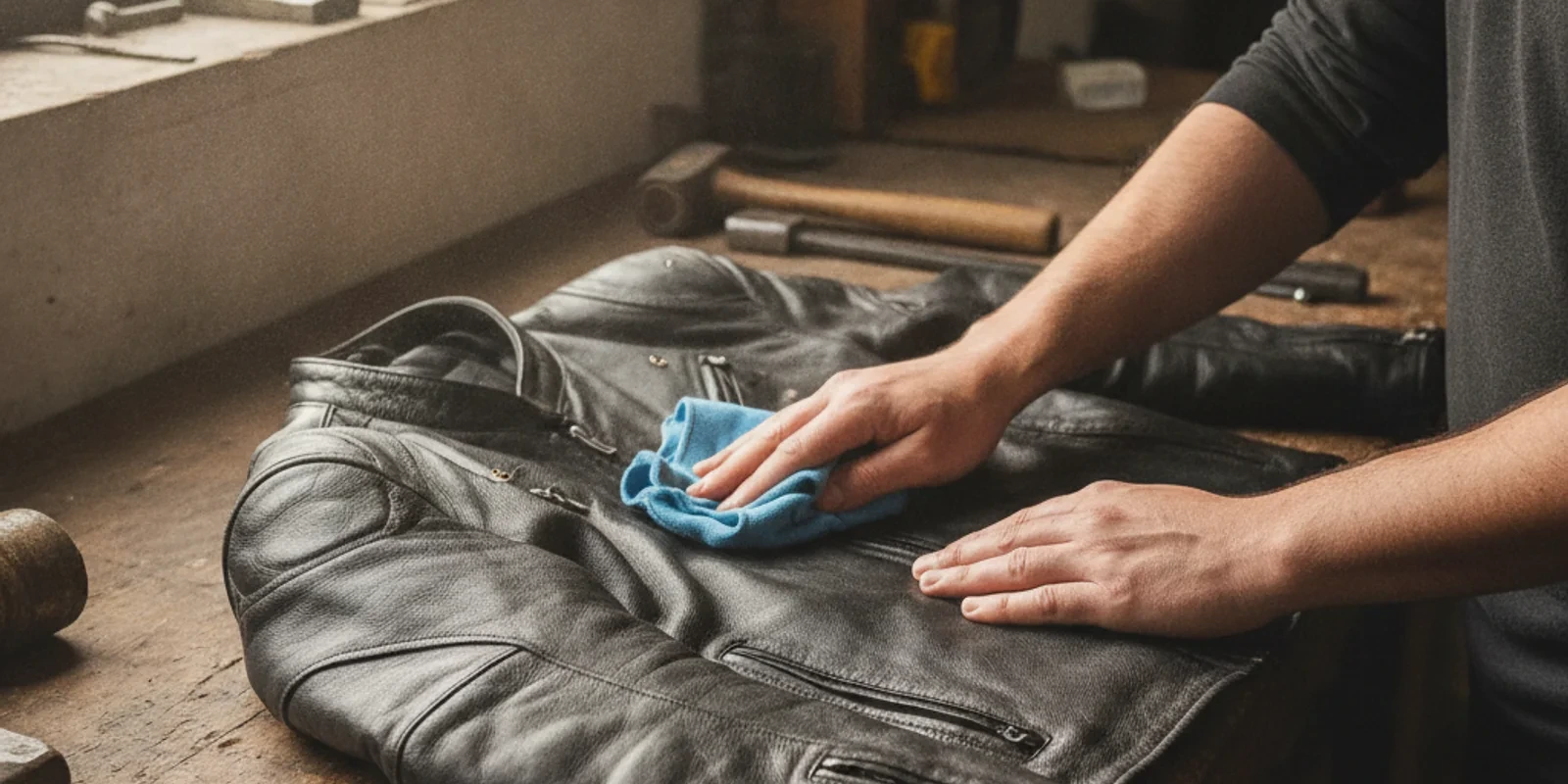 Leather jacket being professionally cleaned and conditioned by Leather Cleaners