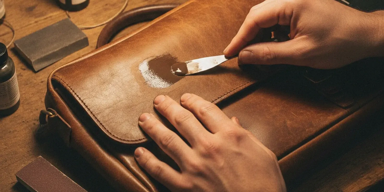 Torn leather being repaired and color-matched by a Leather Cleaners technician