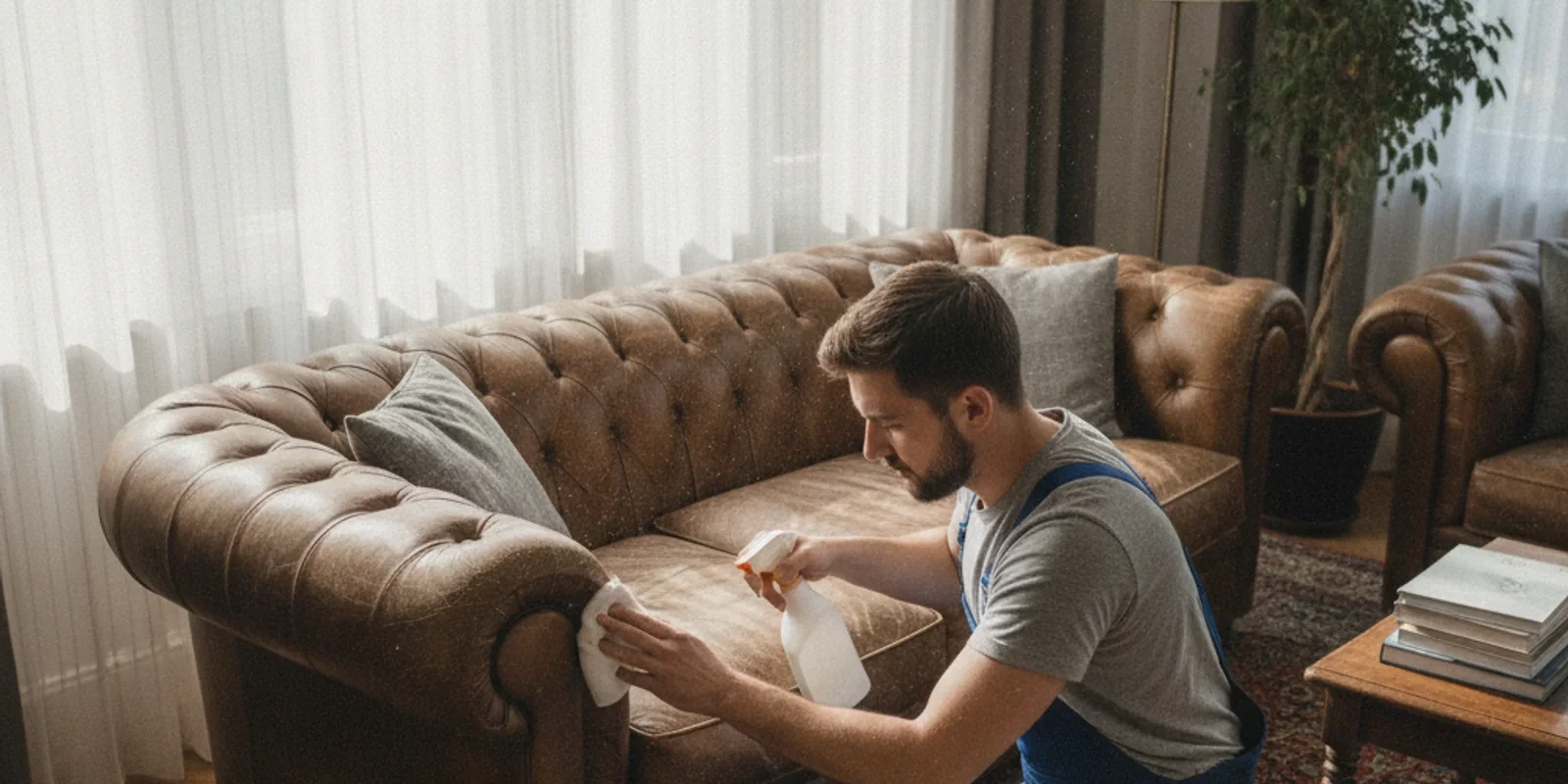 Leather sofa cushions being cleaned in a customer home by Leather Cleaners