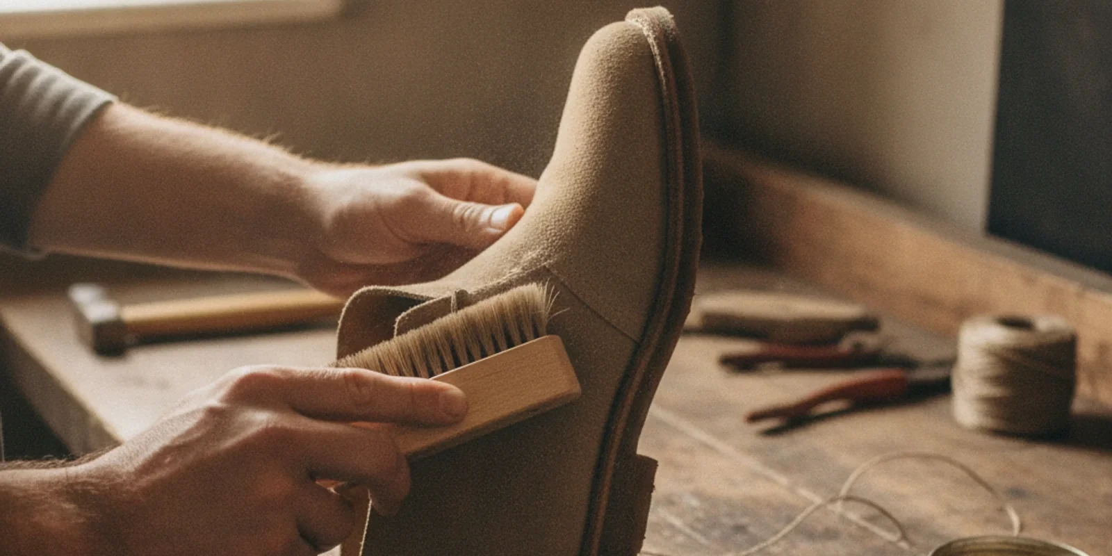 Suede jacket being brushed and cleaned by Leather Cleaners